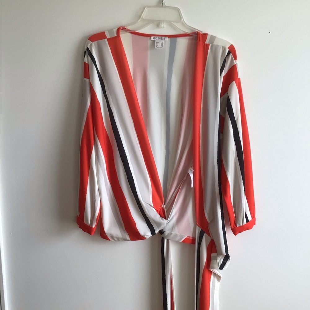 2/$12 VENUS Orange Black and White Striped Wrap-around Blouse
